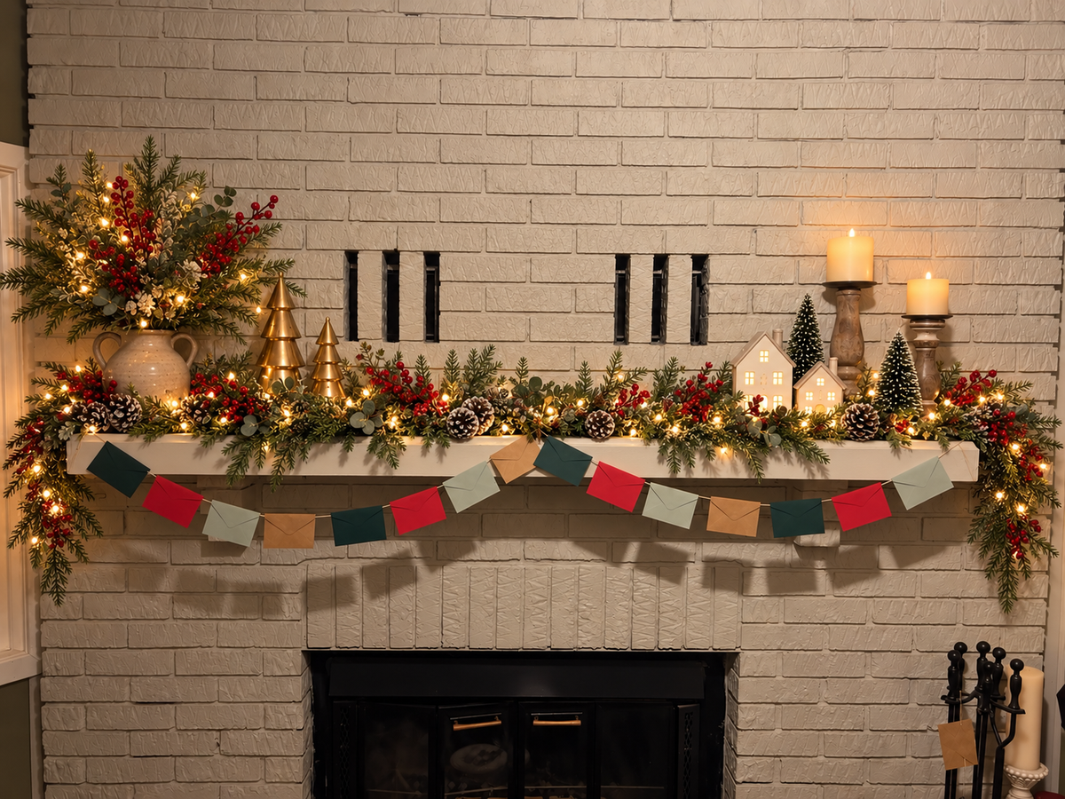 A festive Christmas fireplace mantel decorated with green garlands, red berry sprigs, pinecones, small white houses, miniature trees, and warm string lights, with a red, teal, and beige paper banner draped across the front. The fireplace is set into a white brick wall.
