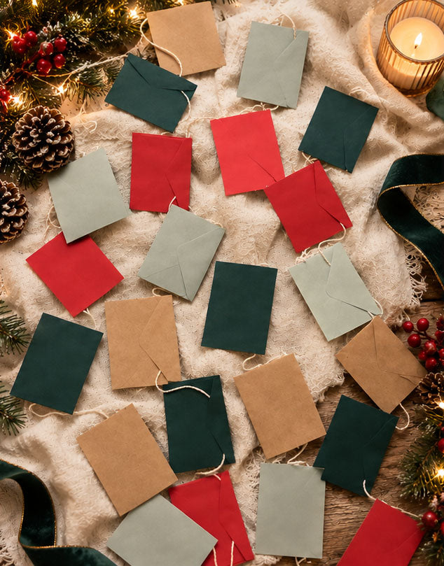 A festive flat-lay of small hanging fabric gift tags or envelopes in red, dark green, beige, and light gray, arranged on a cream blanket with holiday decorations including pinecones, evergreen branches, ribbon, and a lit candle.