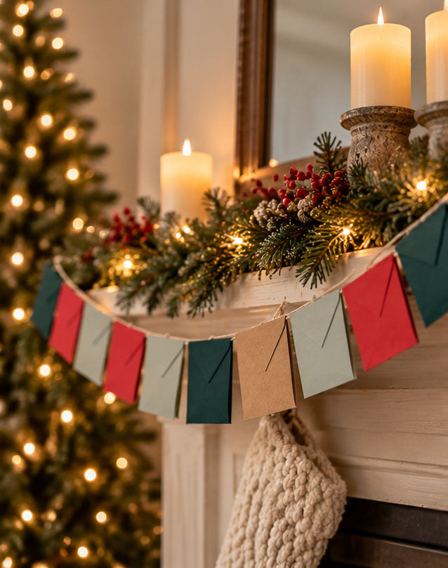 A festive Christmas garland banner made of kraft paper envelopes in red, green, and beige, hanging over a decorated fireplace mantel with candles, a pine garland, berries, and a blurred Christmas tree in the background.