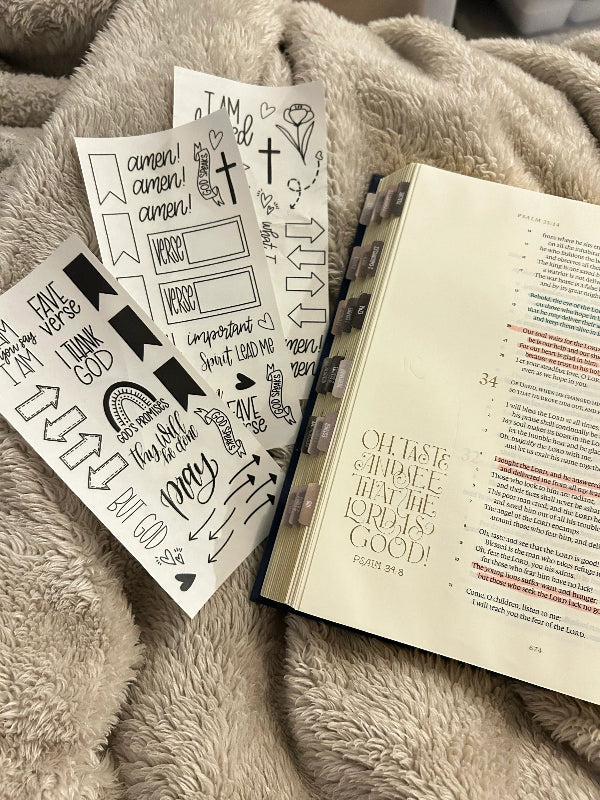 clear journal stickers sitting with Bible